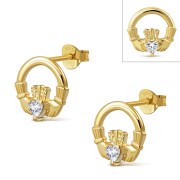 14K Gold Plated | Clear CZ Claddagh Stud Sterling Silver Earrings - e409